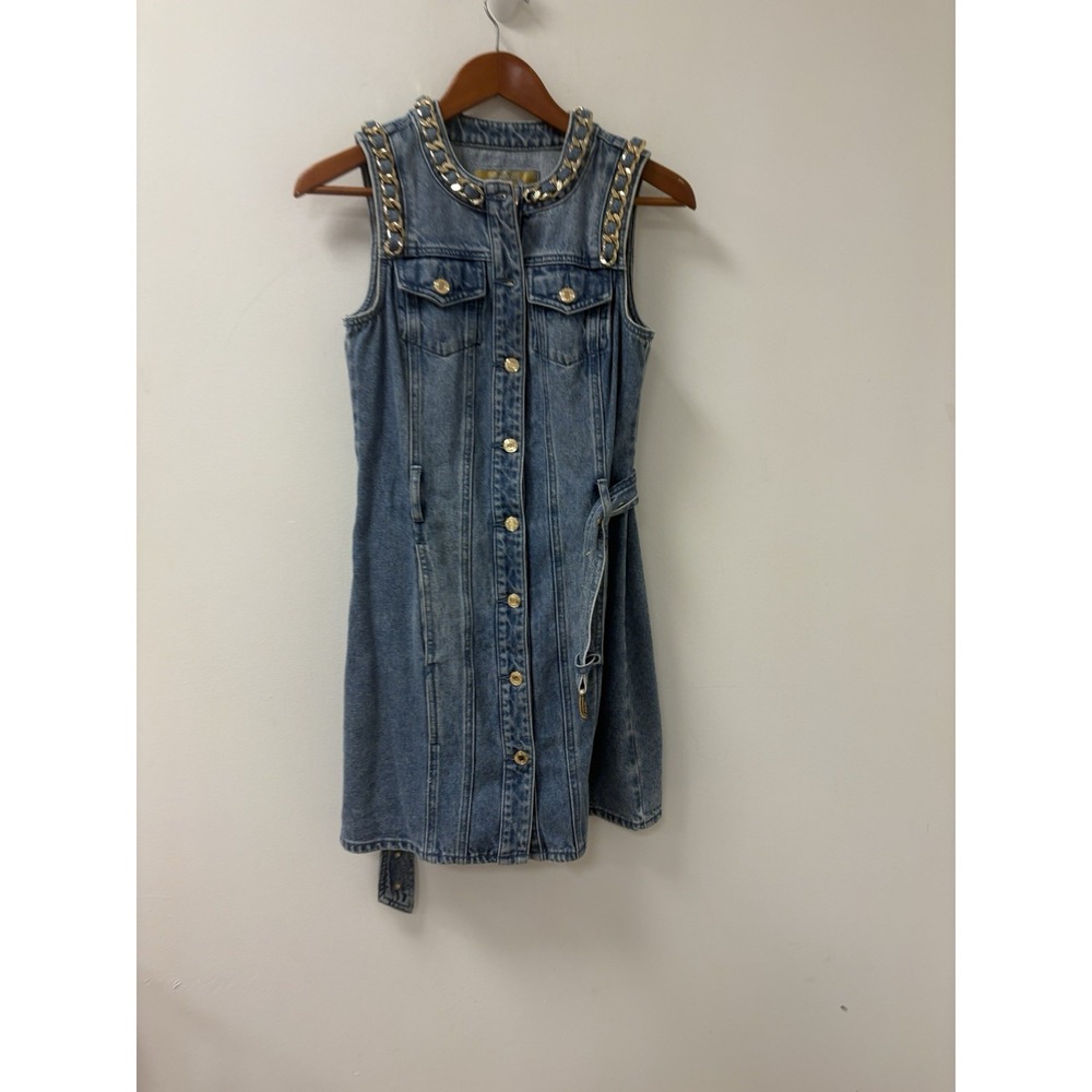 Michael Kors Denim Chain Link Collared Neck Sleeveless Belted Shirt Dress Sz 2
